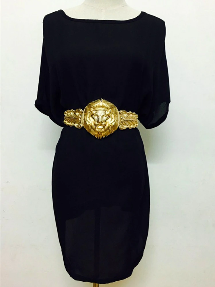 Golden Lion Head Women Girdle Metal Round Buckle Exaggeration Belt for Women's Black Waistband Gold Elastic Waist Seal