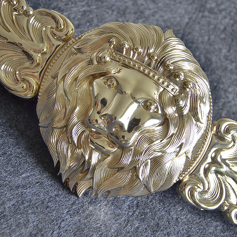 Golden Lion Head Women Girdle Metal Round Buckle Exaggeration Belt for Women's Black Waistband Gold Elastic Waist Seal