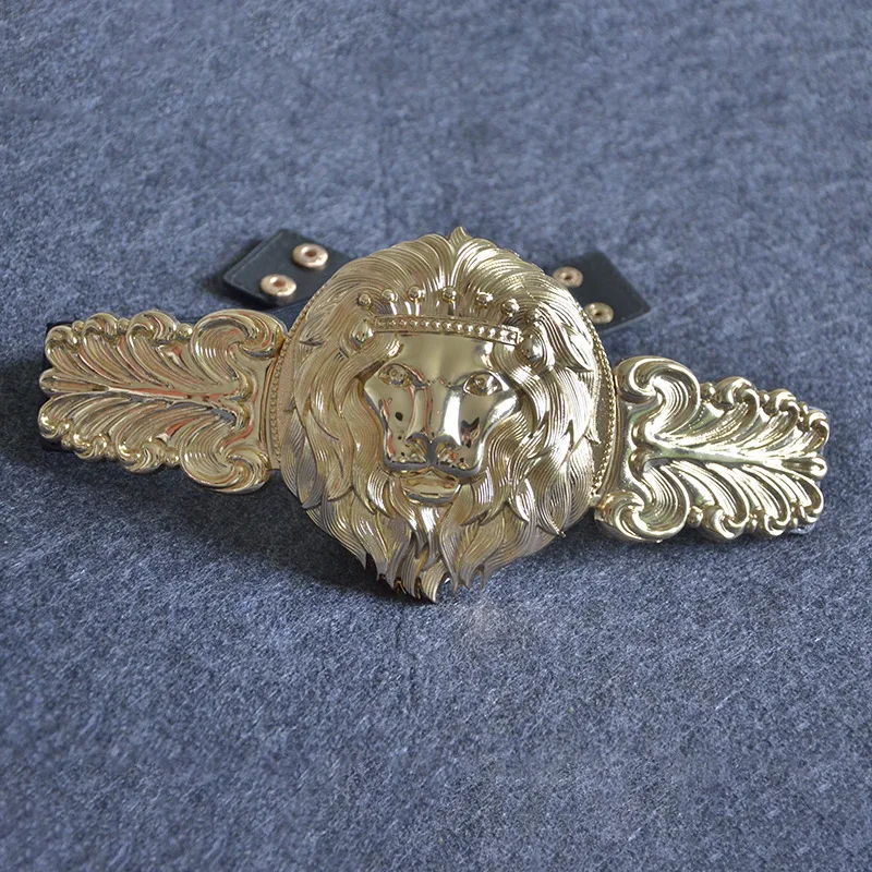 Golden Lion Head Women Girdle Metal Round Buckle Exaggeration Belt for Women's Black Waistband Gold Elastic Waist Seal