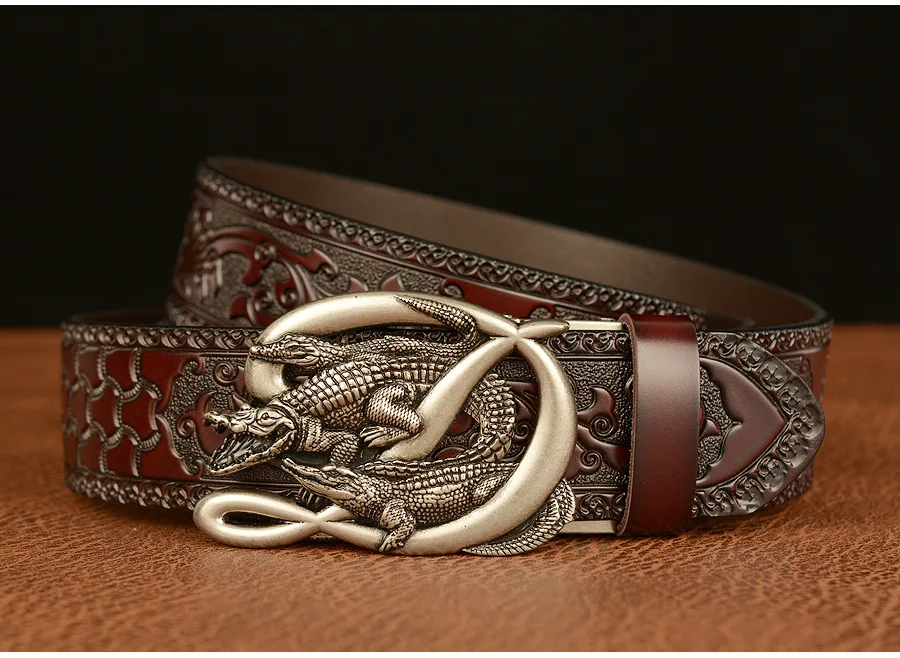 SupSindy Men Genuine Leather Belt Luxury Gold Crocodile Metal Automatic Buckle Cowhide Belts for Men Jeans Waistband Male Strap