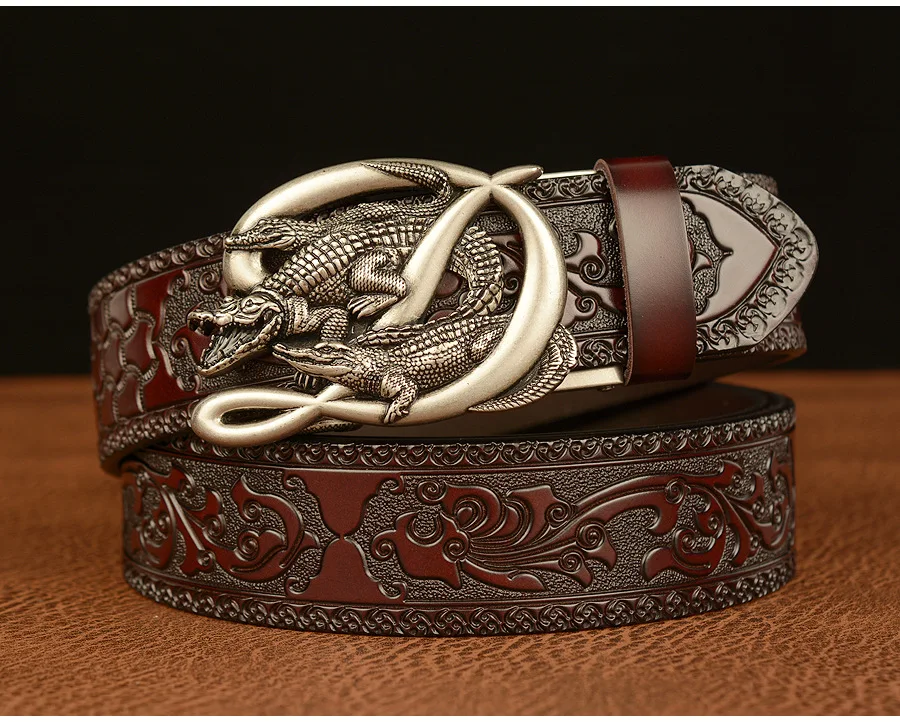 SupSindy Men Genuine Leather Belt Luxury Gold Crocodile Metal Automatic Buckle Cowhide Belts for Men Jeans Waistband Male Strap