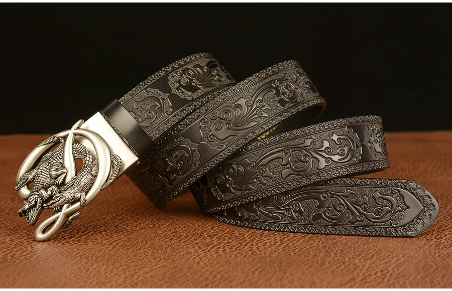 SupSindy Men Genuine Leather Belt Luxury Gold Crocodile Metal Automatic Buckle Cowhide Belts for Men Jeans Waistband Male Strap