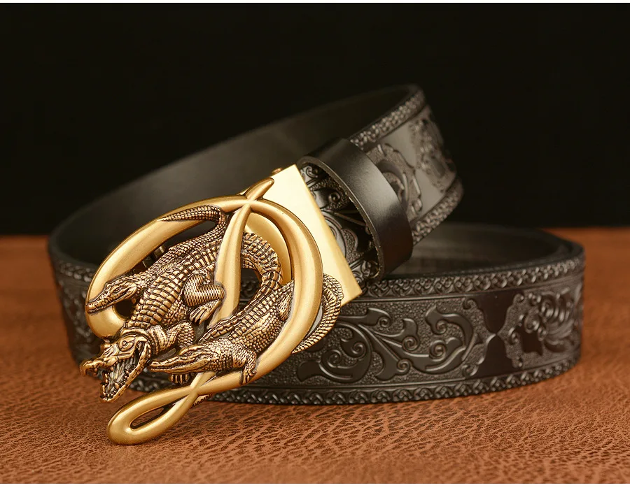 SupSindy Men Genuine Leather Belt Luxury Gold Crocodile Metal Automatic Buckle Cowhide Belts for Men Jeans Waistband Male Strap