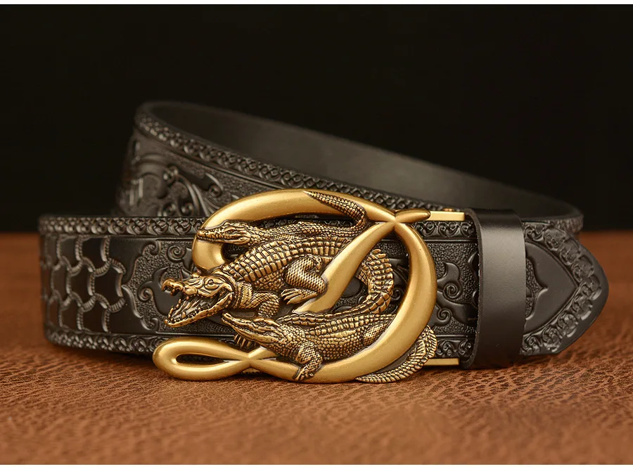 SupSindy Men Genuine Leather Belt Luxury Gold Crocodile Metal Automatic Buckle Cowhide Belts for Men Jeans Waistband Male Strap