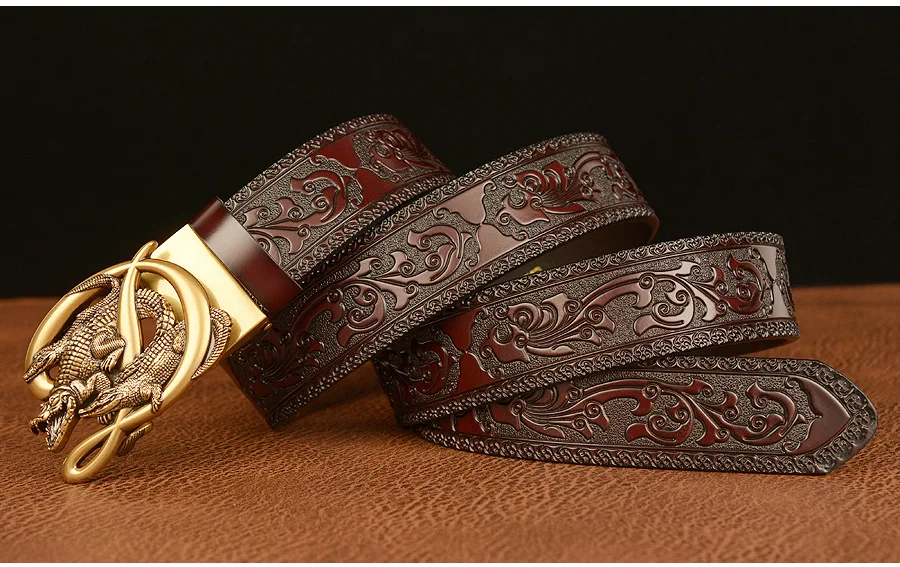 SupSindy Men Genuine Leather Belt Luxury Gold Crocodile Metal Automatic Buckle Cowhide Belts for Men Jeans Waistband Male Strap