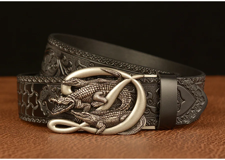 SupSindy Men Genuine Leather Belt Luxury Gold Crocodile Metal Automatic Buckle Cowhide Belts for Men Jeans Waistband Male Strap