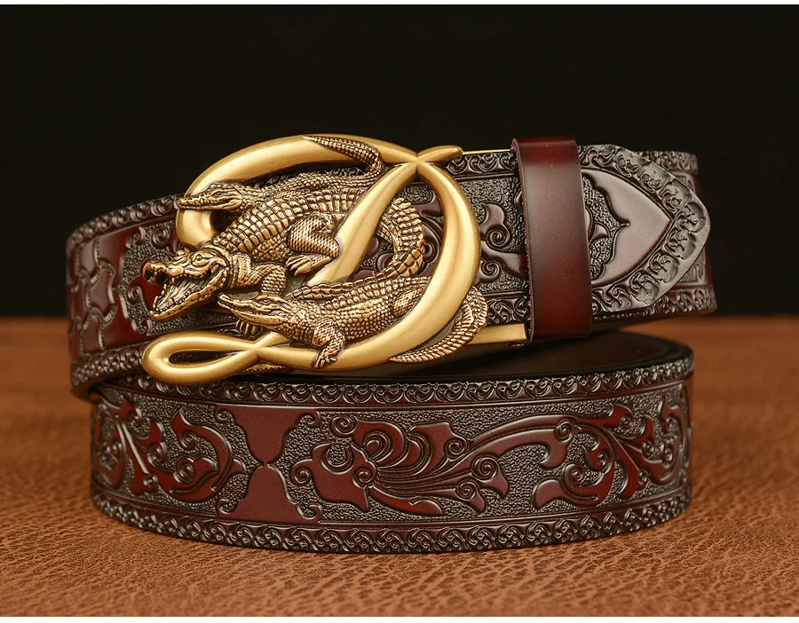 SupSindy Men Genuine Leather Belt Luxury Gold Crocodile Metal Automatic Buckle Cowhide Belts for Men Jeans Waistband Male Strap