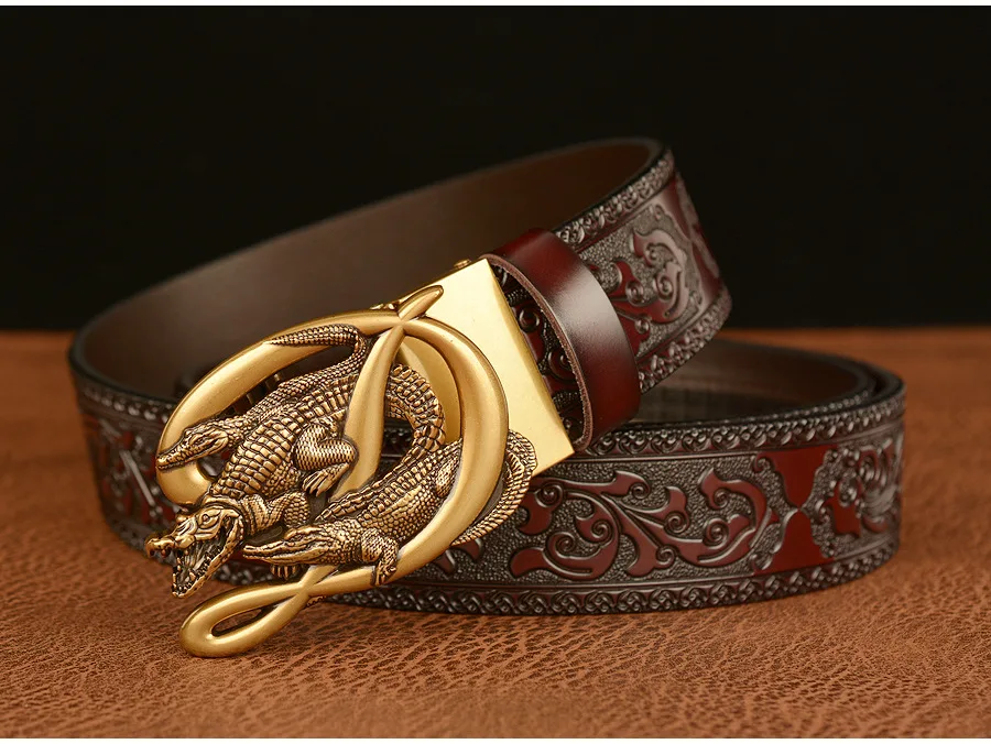 SupSindy Men Genuine Leather Belt Luxury Gold Crocodile Metal Automatic Buckle Cowhide Belts for Men Jeans Waistband Male Strap