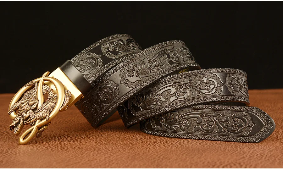 SupSindy Men Genuine Leather Belt Luxury Gold Crocodile Metal Automatic Buckle Cowhide Belts for Men Jeans Waistband Male Strap
