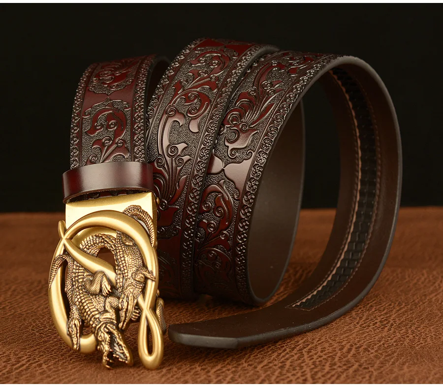 SupSindy Men Genuine Leather Belt Luxury Gold Crocodile Metal Automatic Buckle Cowhide Belts for Men Jeans Waistband Male Strap