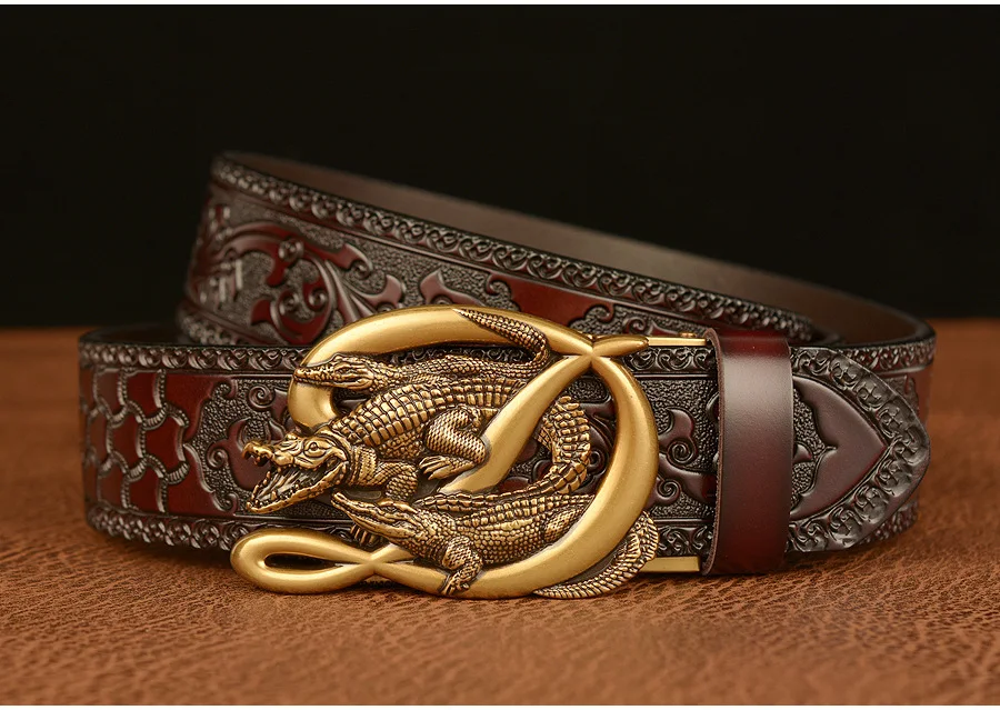 SupSindy Men Genuine Leather Belt Luxury Gold Crocodile Metal Automatic Buckle Cowhide Belts for Men Jeans Waistband Male Strap