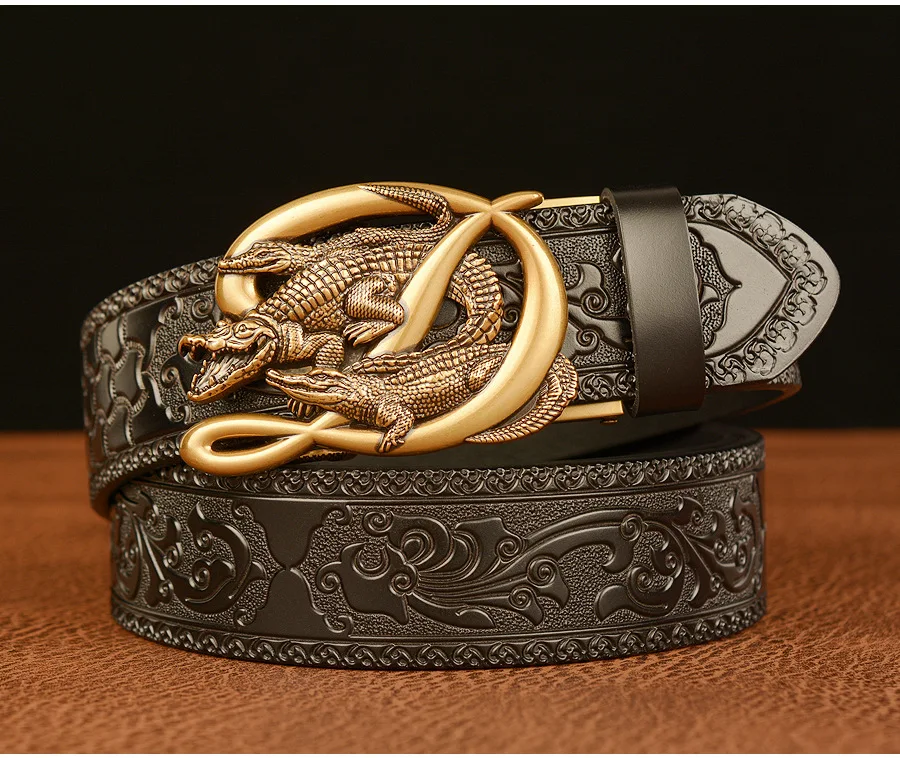 SupSindy Men Genuine Leather Belt Luxury Gold Crocodile Metal Automatic Buckle Cowhide Belts for Men Jeans Waistband Male Strap