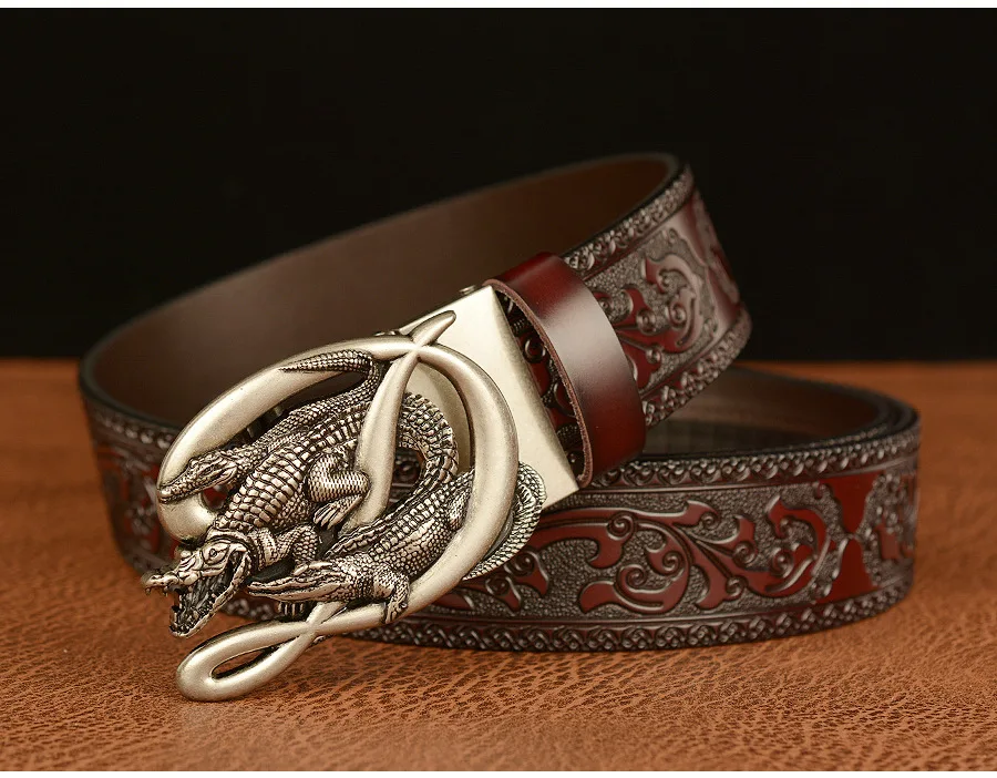 SupSindy Men Genuine Leather Belt Luxury Gold Crocodile Metal Automatic Buckle Cowhide Belts for Men Jeans Waistband Male Strap