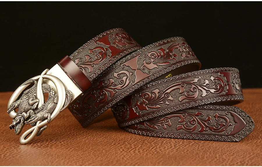 SupSindy Men Genuine Leather Belt Luxury Gold Crocodile Metal Automatic Buckle Cowhide Belts for Men Jeans Waistband Male Strap