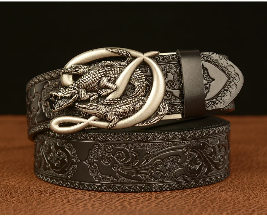 SupSindy Men Genuine Leather Belt Luxury Gold Crocodile Metal Automatic Buckle Cowhide Belts for Men Jeans Waistband Male Strap