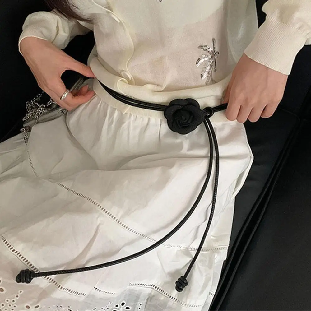Camellia Flower Leather Rope Waist Chain For Women Thin Belt Sweet Knot Waistband Fashion Clothes Dress Decorative Girdles Strap