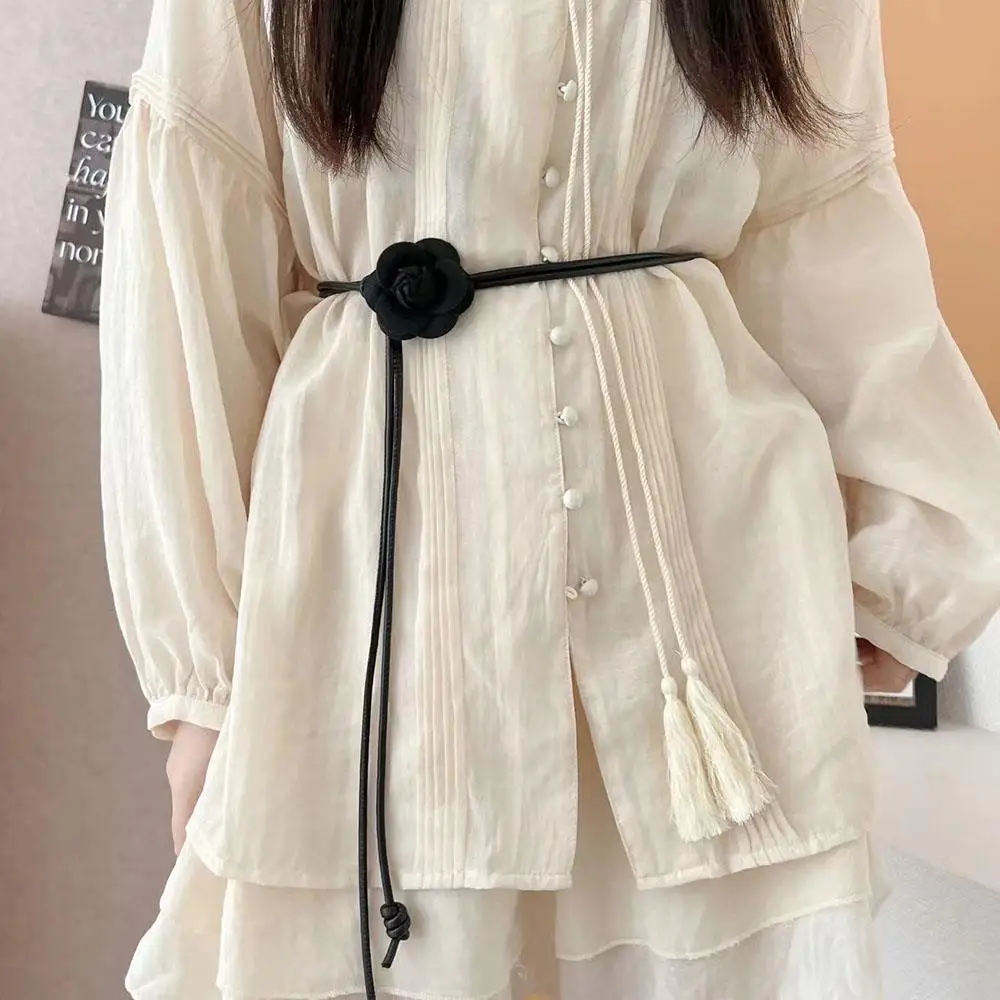 Camellia Flower Leather Rope Waist Chain For Women Thin Belt Sweet Knot Waistband Fashion Clothes Dress Decorative Girdles Strap