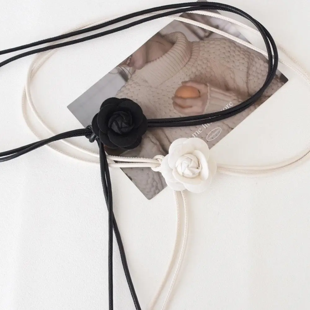 Camellia Flower Leather Rope Waist Chain For Women Thin Belt Sweet Knot Waistband Fashion Clothes Dress Decorative Girdles Strap