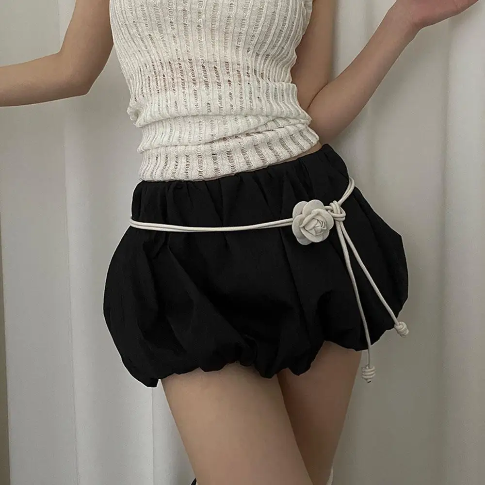 Camellia Flower Leather Rope Waist Chain For Women Thin Belt Sweet Knot Waistband Fashion Clothes Dress Decorative Girdles Strap