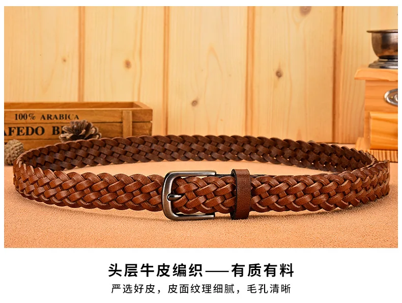2023 Women Casual Luxury New Style Width 2.5cm Woven Belt Needle Buckle Real Leather Head Layer Cowhide Handmade Decorative