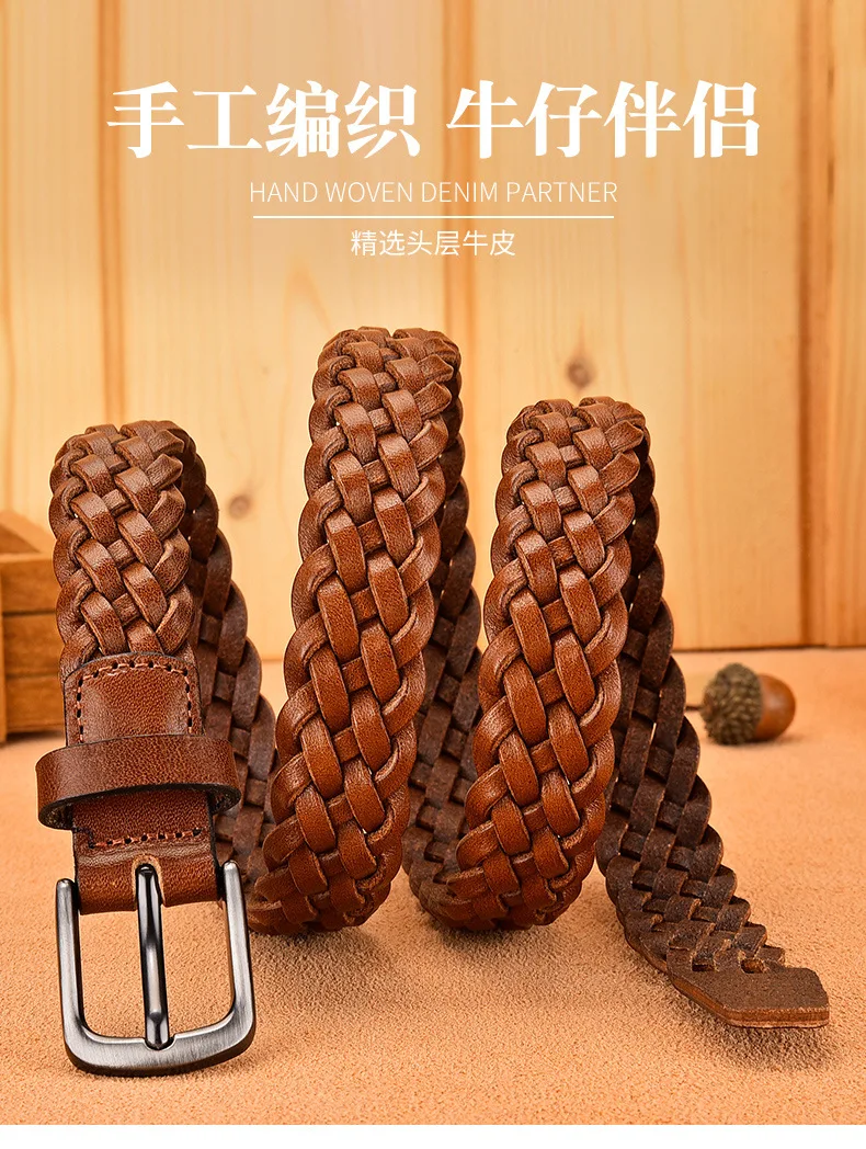 2023 Women Casual Luxury New Style Width 2.5cm Woven Belt Needle Buckle Real Leather Head Layer Cowhide Handmade Decorative
