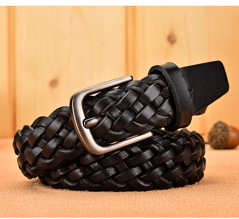 2023 Women Casual Luxury New Style Width 2.5cm Woven Belt Needle Buckle Real Leather Head Layer Cowhide Handmade Decorative
