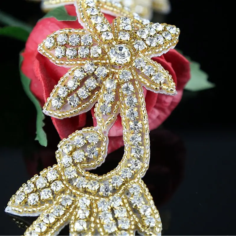 JLZXSY 1 Yard Crystal Trim, Rhinestone Applique, Hot Fix Iron on Bridal Crystal Applique (Rose Gold, Gold, Silver)