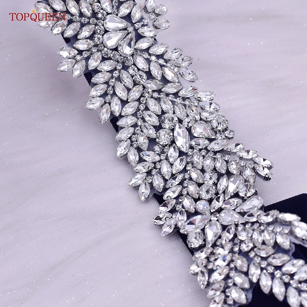 TOPQUEEN S420-B Women Black Fashion Elastic Wide Belts Silver Rhinestone Handmade Beaded Sash Dress Accessories Luxury Sparkly
