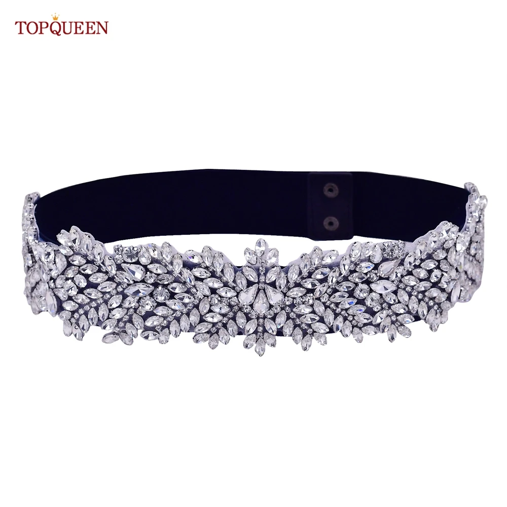 TOPQUEEN S420-B Women Black Fashion Elastic Wide Belts Silver Rhinestone Handmade Beaded Sash Dress Accessories Luxury Sparkly