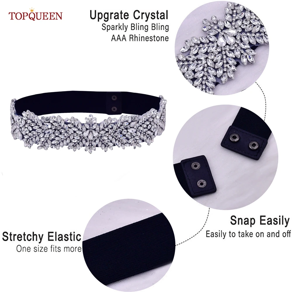 TOPQUEEN S420-B Women Black Fashion Elastic Wide Belts Silver Rhinestone Handmade Beaded Sash Dress Accessories Luxury Sparkly