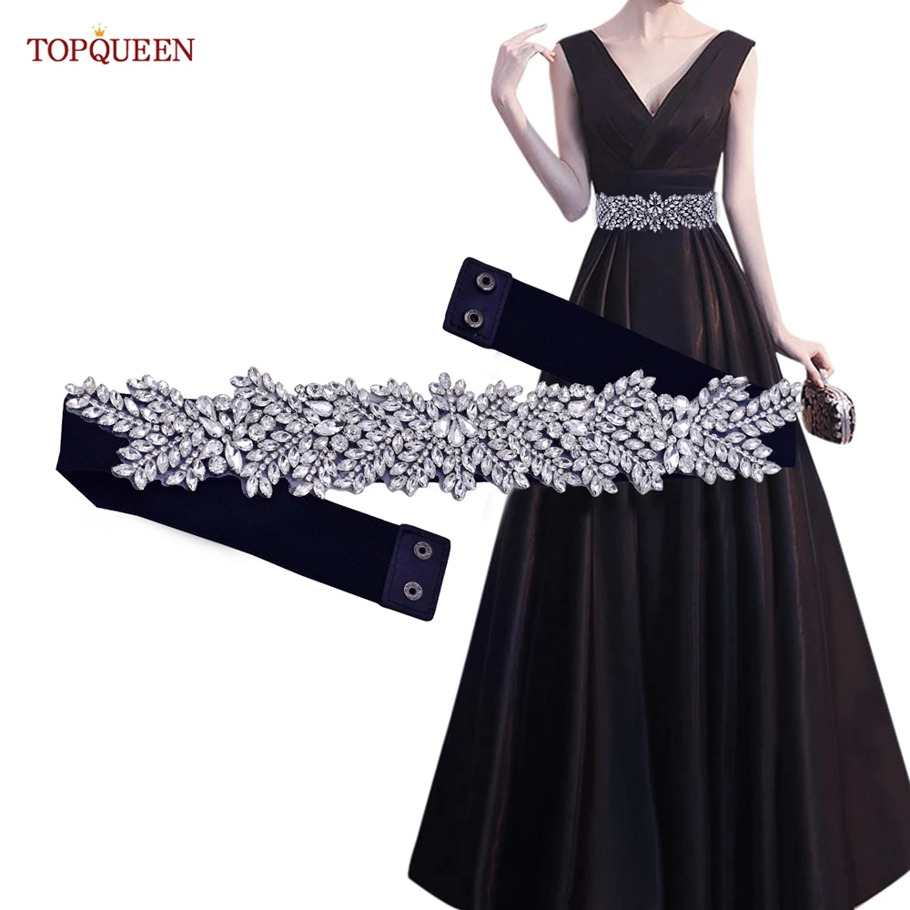TOPQUEEN S420-B Women Black Fashion Elastic Wide Belts Silver Rhinestone Handmade Beaded Sash Dress Accessories Luxury Sparkly