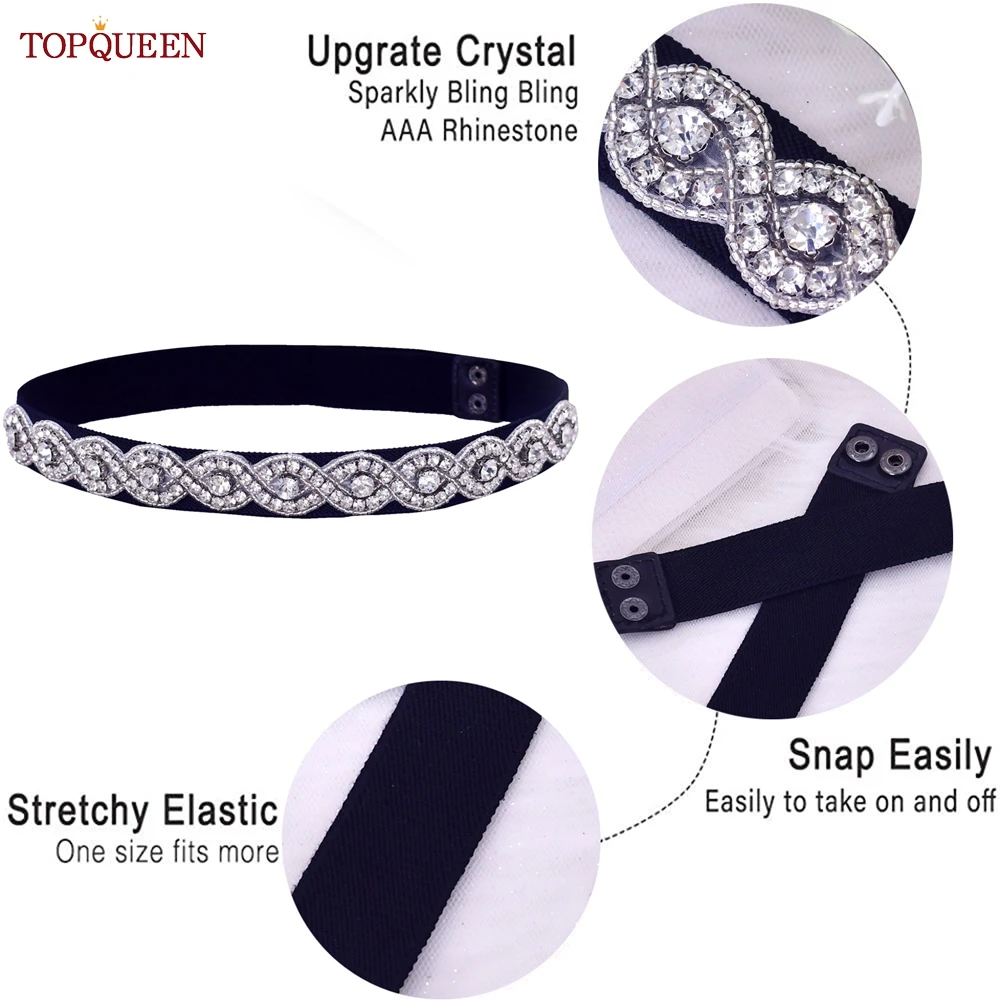 TOPQUEEN S407-B Women Elastic Belts for Party Dress Gown Silver Rhinestone Girdle Female Shiny Waistband Fashion Daily Luxurious