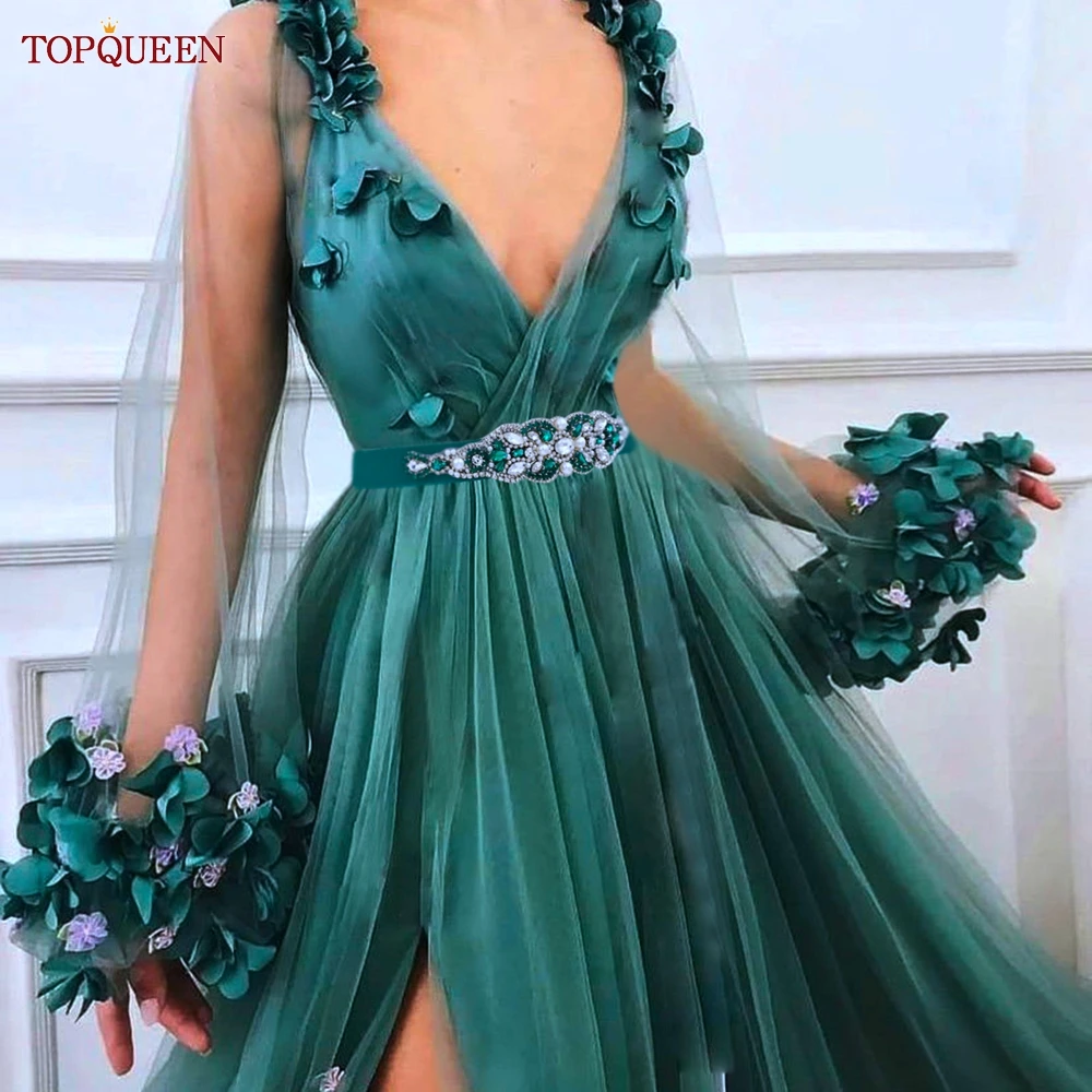 TOPQUEEN S407-B Women Elastic Belts for Party Dress Gown Silver Rhinestone Girdle Female Shiny Waistband Fashion Daily Luxurious