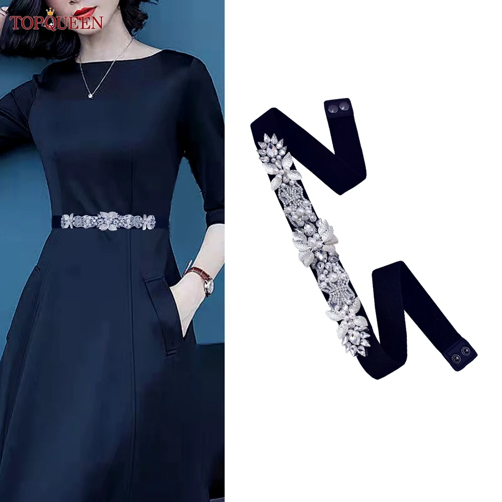 TOPQUEEN S407-B Women Elastic Belts for Party Dress Gown Silver Rhinestone Girdle Female Shiny Waistband Fashion Daily Luxurious