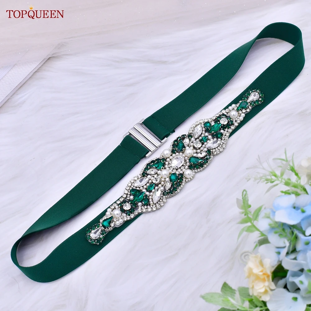 TOPQUEEN S407-B Women Elastic Belts for Party Dress Gown Silver Rhinestone Girdle Female Shiny Waistband Fashion Daily Luxurious
