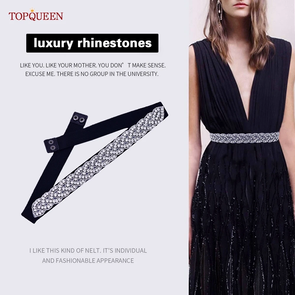TOPQUEEN S407-B Women Elastic Belts for Party Dress Gown Silver Rhinestone Girdle Female Shiny Waistband Fashion Daily Luxurious