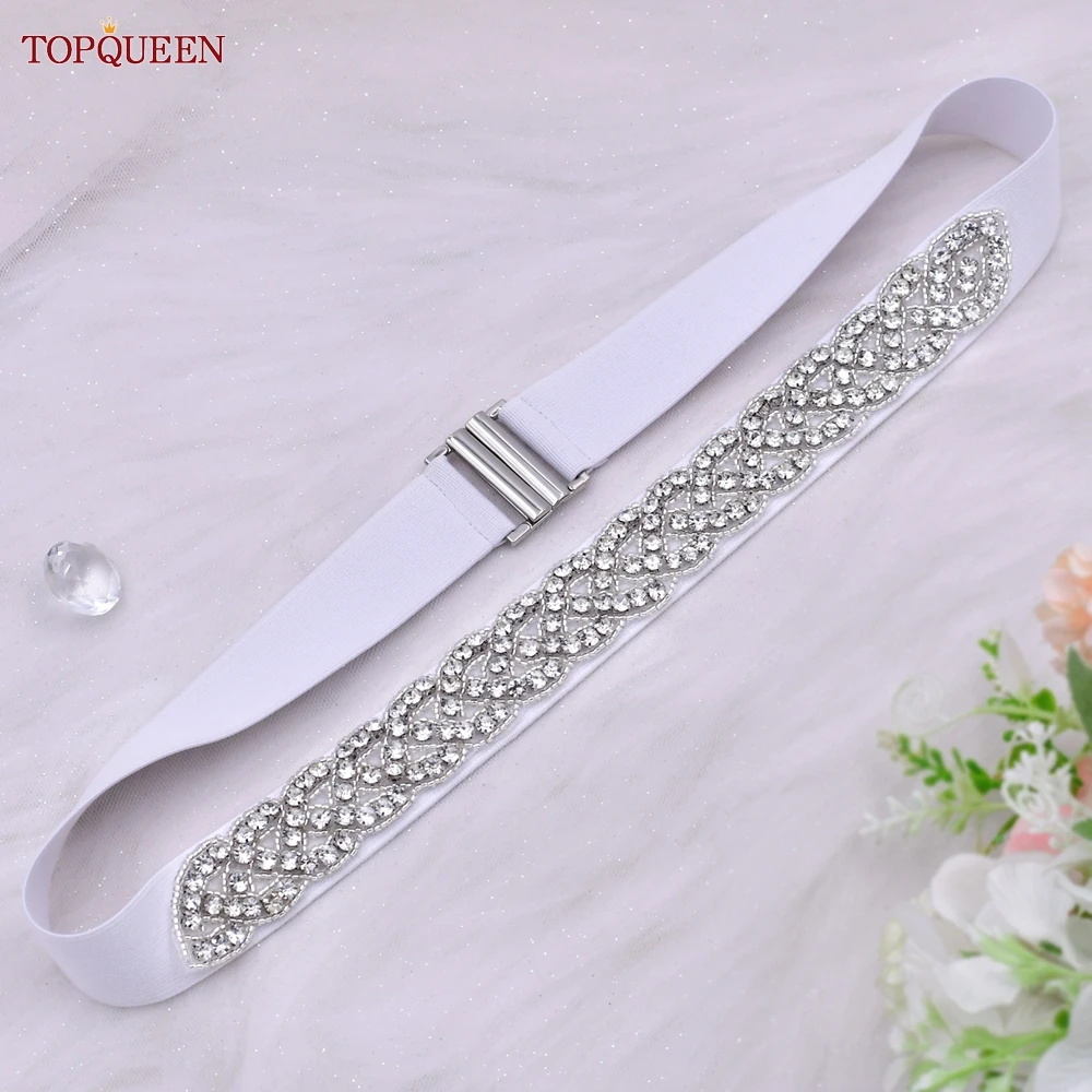 TOPQUEEN S407-B Women Elastic Belts for Party Dress Gown Silver Rhinestone Girdle Female Shiny Waistband Fashion Daily Luxurious