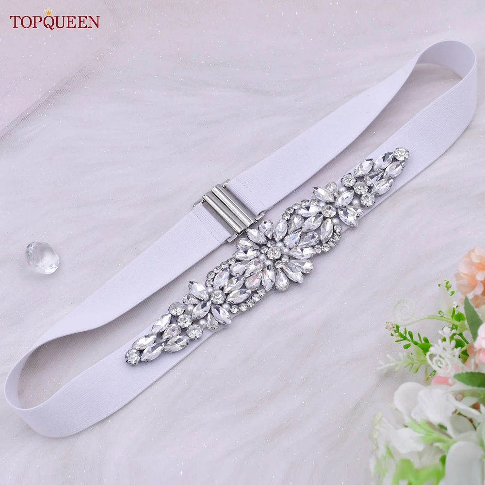 TOPQUEEN S407-B Women Elastic Belts for Party Dress Gown Silver Rhinestone Girdle Female Shiny Waistband Fashion Daily Luxurious