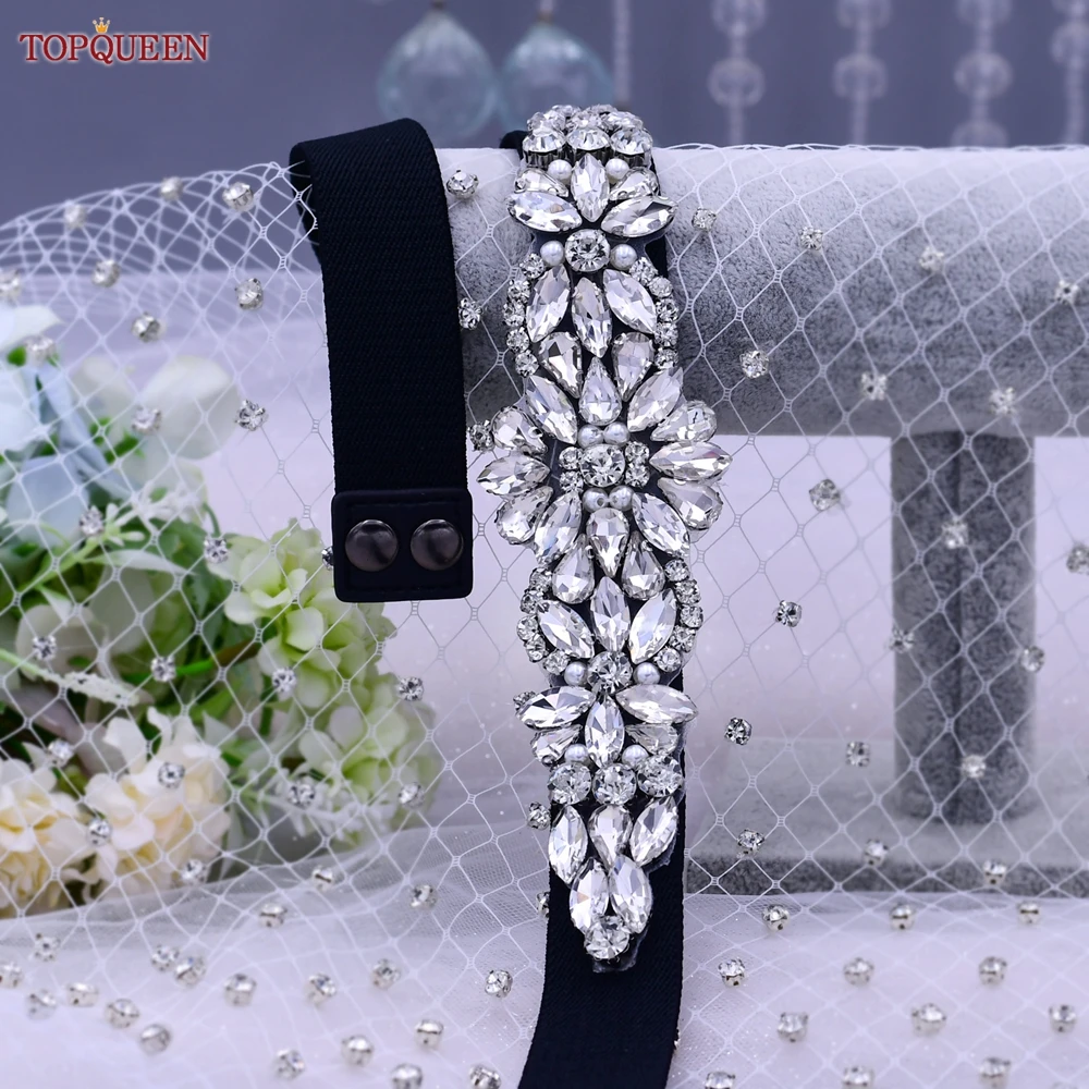 TOPQUEEN S407-B Women Elastic Belts for Party Dress Gown Silver Rhinestone Girdle Female Shiny Waistband Fashion Daily Luxurious