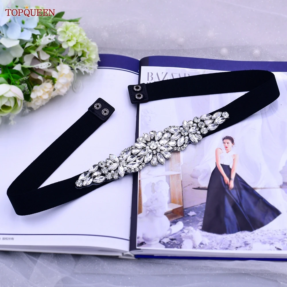 TOPQUEEN S407-B Women Elastic Belts for Party Dress Gown Silver Rhinestone Girdle Female Shiny Waistband Fashion Daily Luxurious