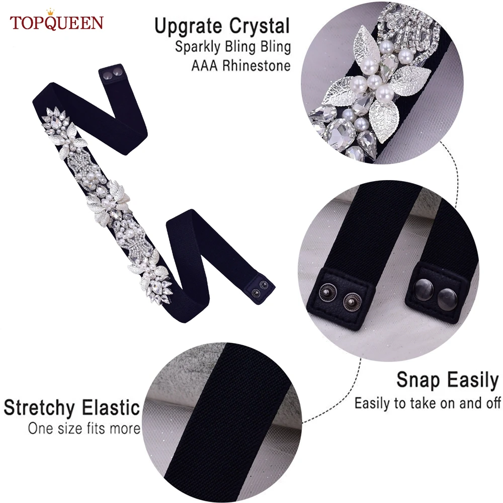 TOPQUEEN S407-B Women Elastic Belts for Party Dress Gown Silver Rhinestone Girdle Female Shiny Waistband Fashion Daily Luxurious