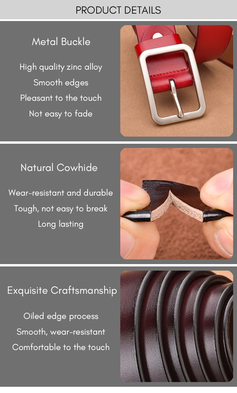 KOLBER 3.3cm Women's Leather Belt Metal Silver Buckle Trouser Belt for Women Natural Cowhide Brown Casual Belt Female Waistband
