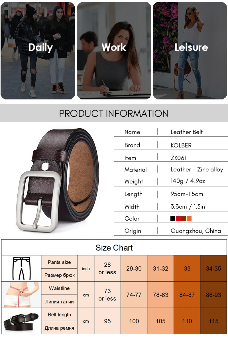 KOLBER 3.3cm Women's Leather Belt Metal Silver Buckle Trouser Belt for Women Natural Cowhide Brown Casual Belt Female Waistband