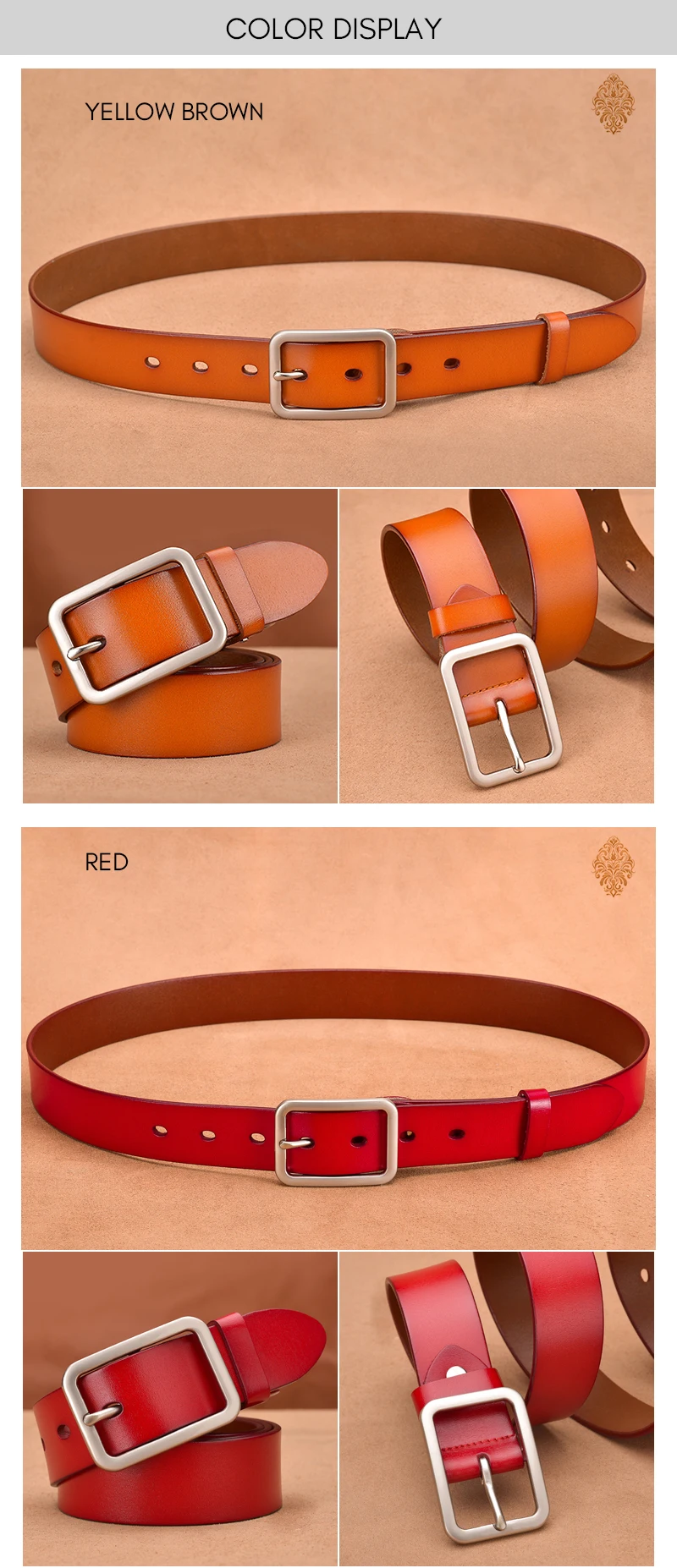 KOLBER 3.3cm Women's Leather Belt Metal Silver Buckle Trouser Belt for Women Natural Cowhide Brown Casual Belt Female Waistband