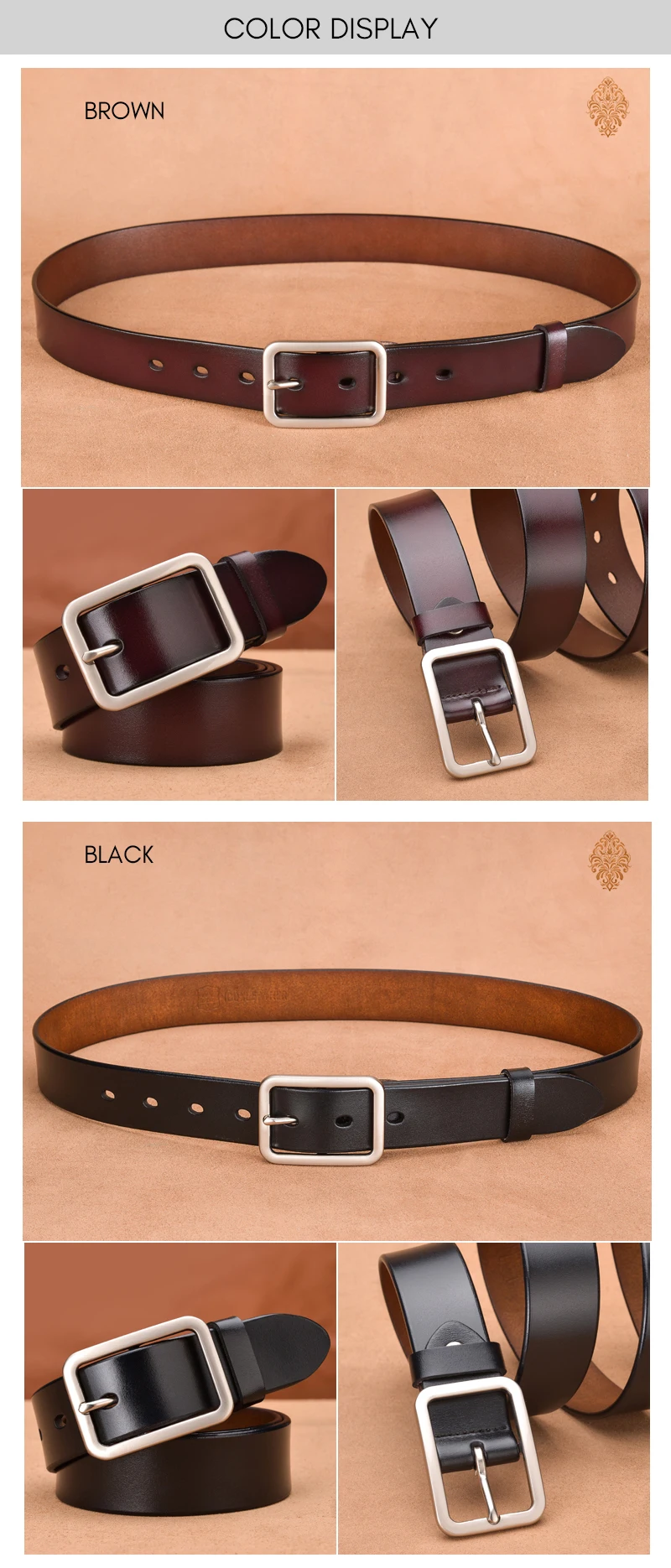 KOLBER 3.3cm Women's Leather Belt Metal Silver Buckle Trouser Belt for Women Natural Cowhide Brown Casual Belt Female Waistband