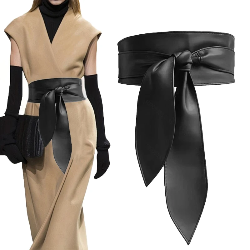 Fashion Knot Tie Waistband Black PU Leather Women Wide Belt For Coat Dress Decorative Girdles Strap Without Holes Female Belts