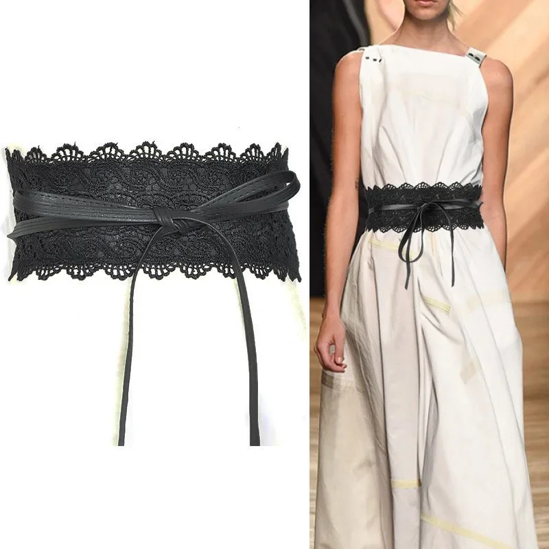 Women Bow Lace Wide Girdle Corset PU Leather Belt Red Black White Gray Wine Wedding Dress Skirt Decorative Waistband