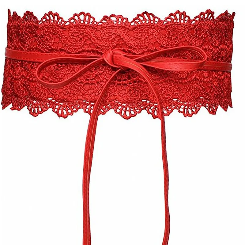 Women Bow Lace Wide Girdle Corset PU Leather Belt Red Black White Gray Wine Wedding Dress Skirt Decorative Waistband