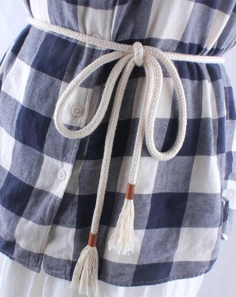 Fashion Women Braided Belts Rope for Dresses Tassel Waist Belt Female Twist Weaving Knot Belt Cotton String