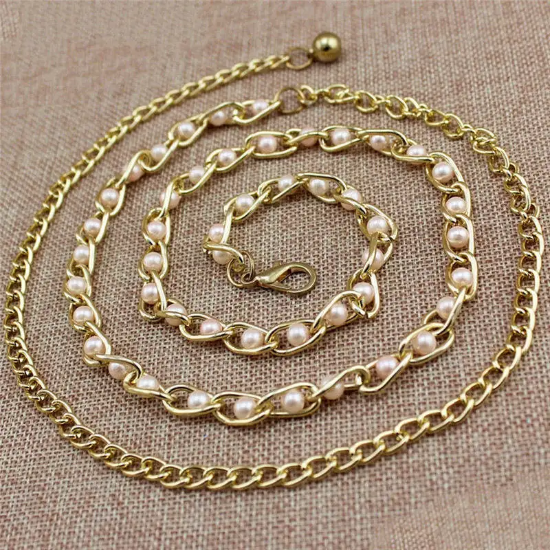 Women Fashion Imitation Pearl Waist Chain Female Olivet Thin Belts Women Waistband Strap Dress Accessories